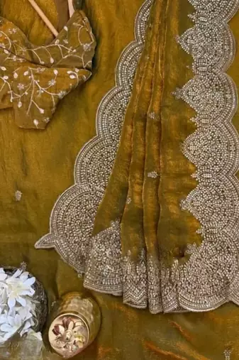 Mustard Color embroidery And sequence work Chiffon Saree