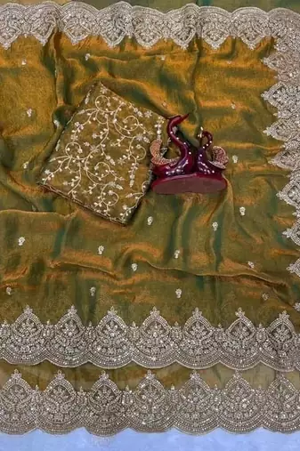 Mustard Color embroidery And sequence work Chiffon Saree