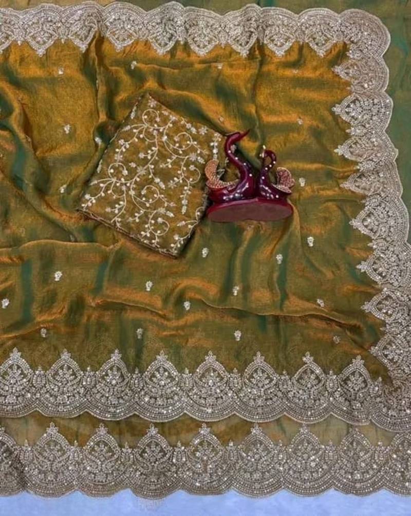 Mustard Color embroidery And sequence work Chiffon Saree
