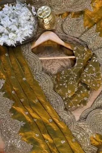 Mustard Color embroidery And sequence work Chiffon Saree