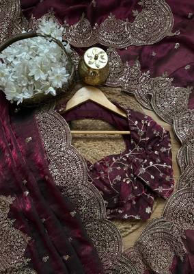 Wine Color embroidery And sequence work Chiffon Saree 1