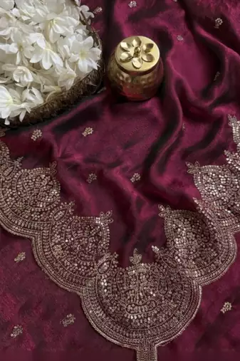 Wine Color embroidery And sequence work Chiffon Saree
