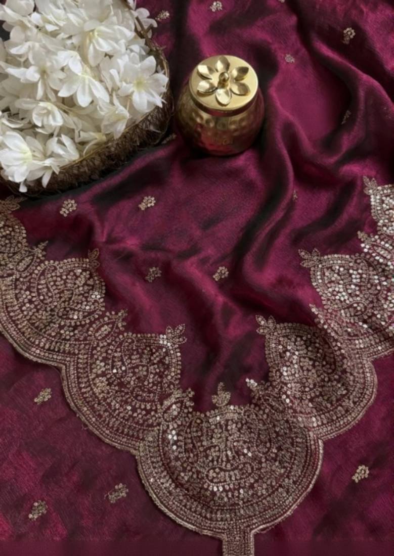 Wine Color embroidery And sequence work Chiffon Saree