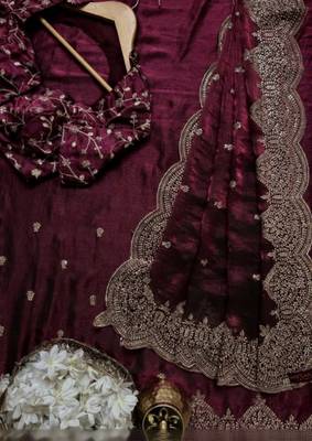 Wine Color embroidery And sequence work Chiffon Saree 3