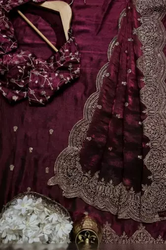 Wine Color embroidery And sequence work Chiffon Saree
