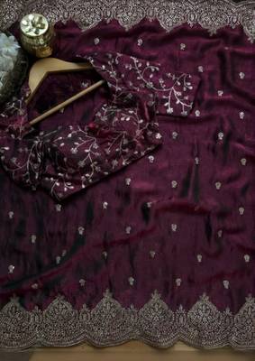 Wine Color embroidery And sequence work Chiffon Saree 4