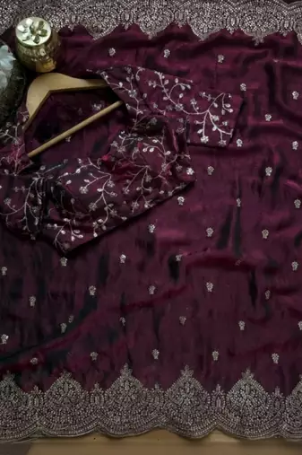 Wine Color embroidery And sequence work Chiffon Saree