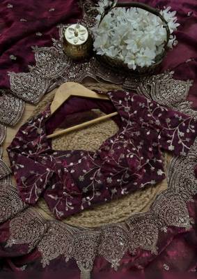 Wine Color embroidery And sequence work Chiffon Saree 5