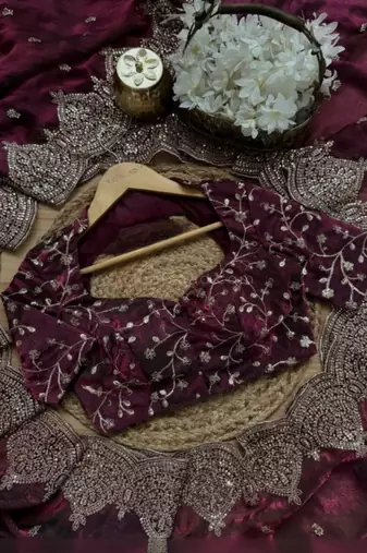 Wine Color embroidery And sequence work Chiffon Saree