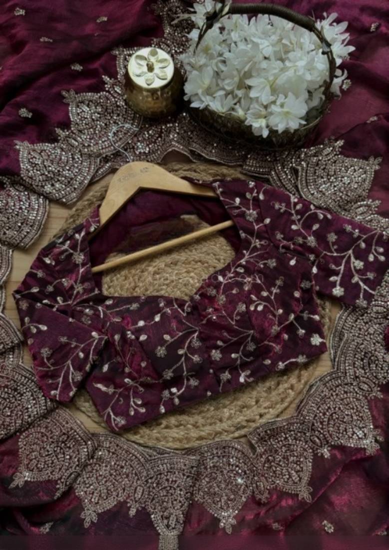 Wine Color embroidery And sequence work Chiffon Saree