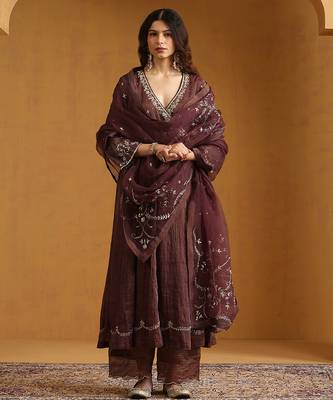 Plum brown embroidered cotton tissue long kurti set 2
