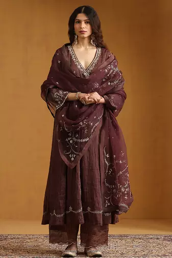 Plum brown embroidered cotton tissue long kurti set