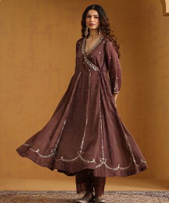 Plum brown embroidered cotton tissue long kurti set 3