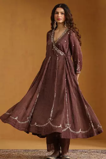 Plum brown embroidered cotton tissue long kurti set