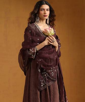 Plum brown embroidered cotton tissue long kurti set 4