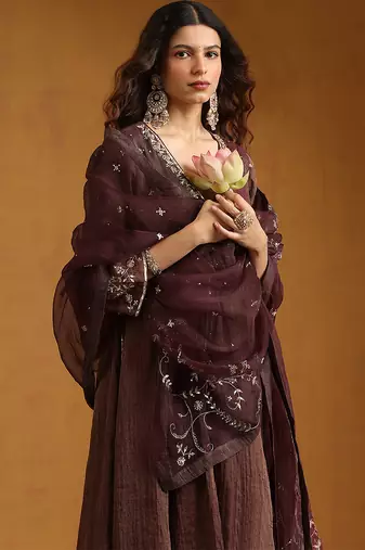 Plum brown embroidered cotton tissue long kurti set