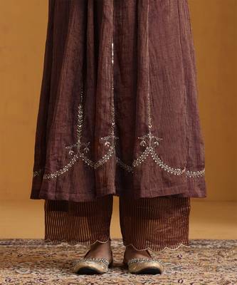 Plum brown embroidered cotton tissue long kurti set 5