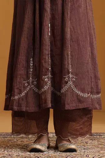 Plum brown embroidered cotton tissue long kurti set