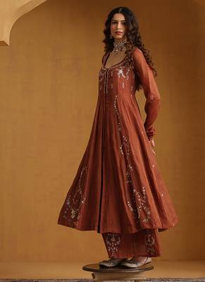 Rust orange embroidered cotton tissue anarkali set 3