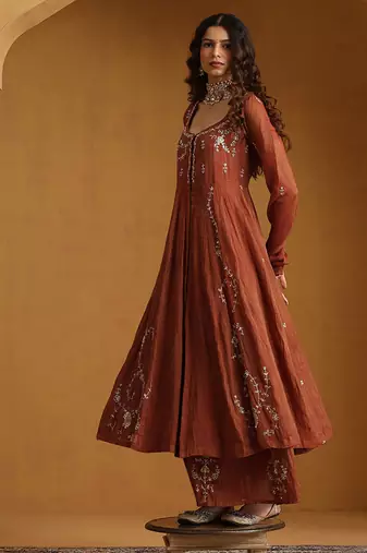 Rust orange embroidered cotton tissue anarkali set