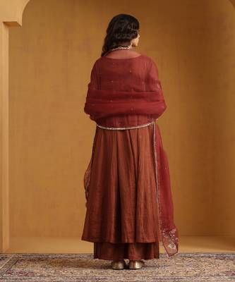 Rust orange embroidered cotton tissue anarkali set 4