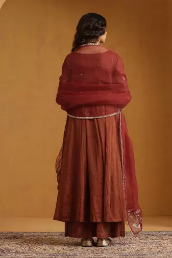 Rust orange embroidered cotton tissue anarkali set