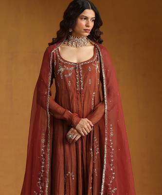 Rust orange embroidered cotton tissue anarkali set 5