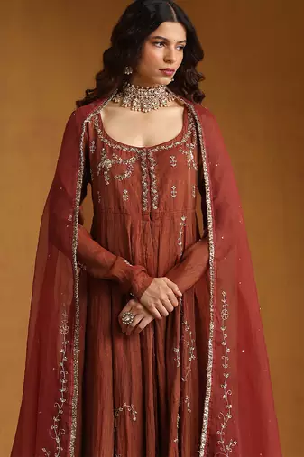 Rust orange embroidered cotton tissue anarkali set