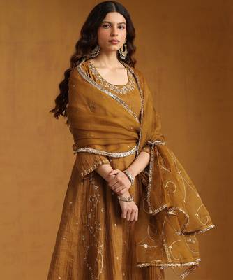 Mustard yellow embroidered cotton tissue long kurti set 5