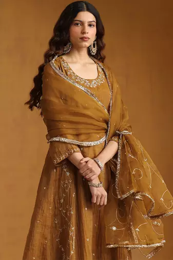 Mustard yellow embroidered cotton tissue long kurti set