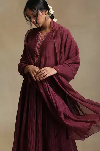Plum wine embroidered chanderi anarkali set