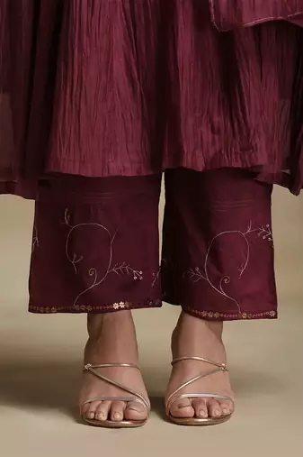 Plum wine embroidered chanderi anarkali set