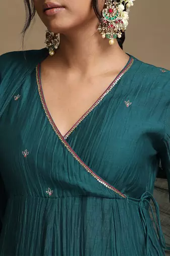 Teal blue embroidered chanderi long kurti set