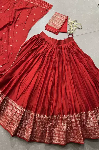 Rust Red Chanderi Foil Print Border Lehenga Choli for Wedding 