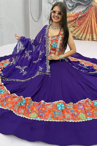 Women's Purple Navratri Chaniya Choli with Kutchi Mirror Work Blouse & Embroidered Dupatta