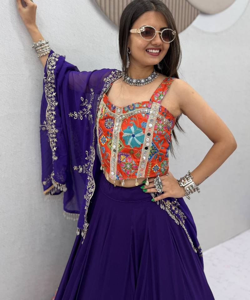 Women's Purple Navratri Chaniya Choli with Kutchi Mirror Work Blouse & Embroidered Dupatta