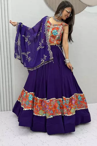 Women's Purple Navratri Chaniya Choli with Kutchi Mirror Work Blouse & Embroidered Dupatta