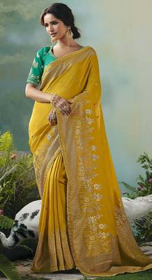 Mustard zari woven silk blend viscose dola silk saree with blouse 6