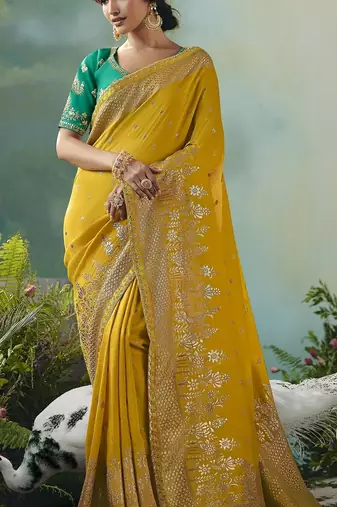 Mustard zari woven silk blend viscose dola silk saree with blouse
