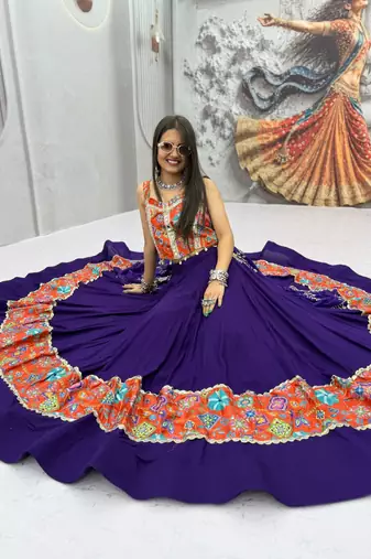 Women's Purple Navratri Chaniya Choli with Kutchi Mirror Work Blouse & Embroidered Dupatta