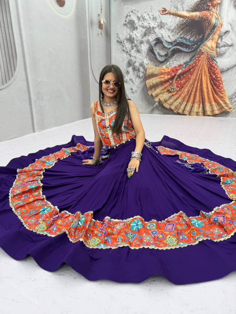 Women's Purple Navratri Chaniya Choli with Kutchi Mirror Work Blouse & Embroidered Dupatta