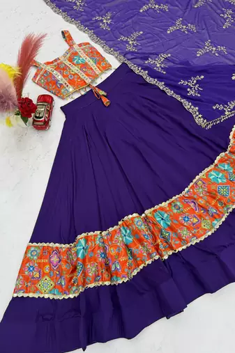 Women's Purple Navratri Chaniya Choli with Kutchi Mirror Work Blouse & Embroidered Dupatta