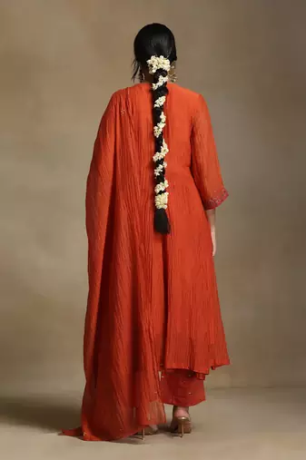 Rust orange embroidered chanderi anarkali set