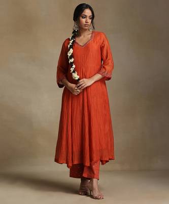 Rust orange embroidered chanderi anarkali set 3