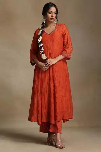 Rust orange embroidered chanderi anarkali set