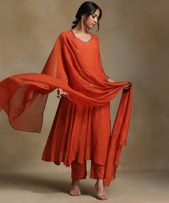 Rust orange embroidered chanderi anarkali set 4
