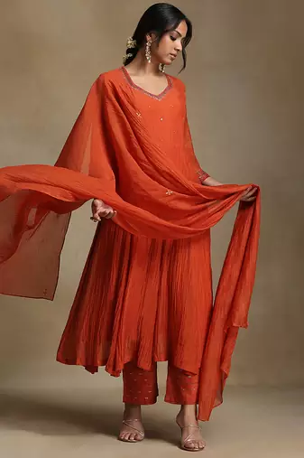 Rust orange embroidered chanderi anarkali set