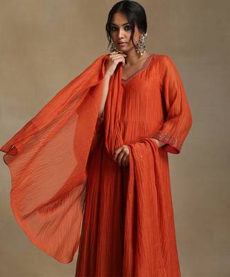 Rust orange embroidered chanderi anarkali set 5