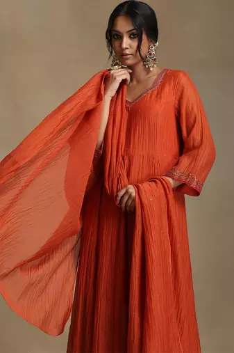 Rust orange embroidered chanderi anarkali set