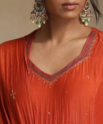 Rust orange embroidered chanderi anarkali set 6